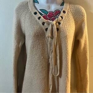 Beige Blush Waffle Knit Tie neck Sweater